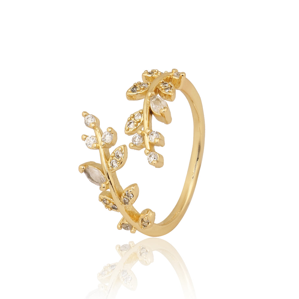 Gold Plated Zircon Double Vine Leaf Ring, Adjustable Olive Branch Bypass Ring
