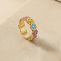 Gold Plated Multi-Color Enamel Daisy Flower Ring, Colorful Floral Stackable Band