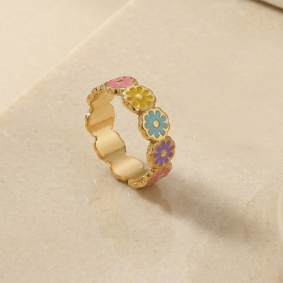 Gold Plated Multi-Color Enamel Daisy Flower Ring, Colorful Floral Stackable Band
