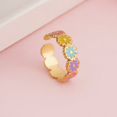 Gold Plated Multi-Color Enamel Daisy Flower Ring, Colorful Floral Stackable Band - Second Image