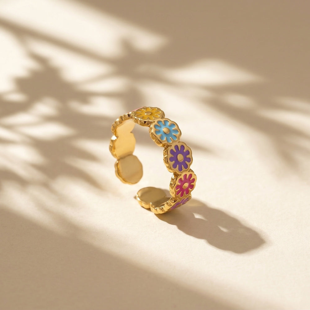 Gold Plated Multi-Color Enamel Daisy Flower Ring, Colorful Floral Stackable Band