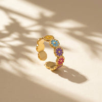 Gold Plated Multi-Color Enamel Daisy Flower Ring, Colorful Floral Stackable Band