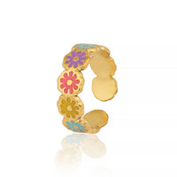 Gold Plated Multi-Color Enamel Daisy Flower Ring, Colorful Floral Stackable Band