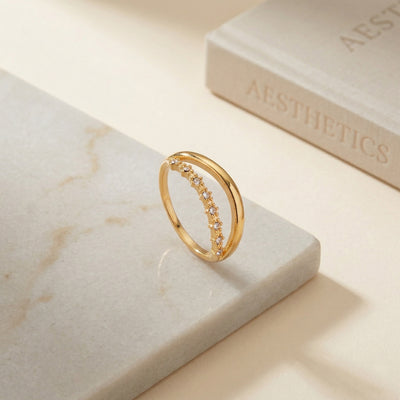 Gold Plated Scalloped Half-Eternity Zircon Ring, Thin Stackable Milgrain Band