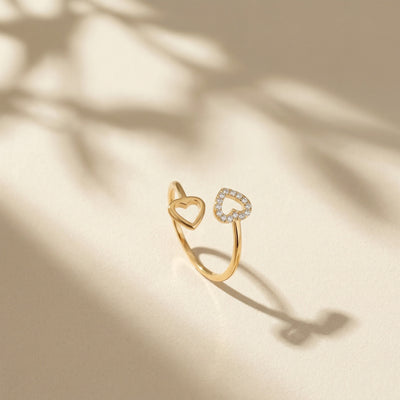 Gold Plated Pave Zircon Double Heart Open Ring, Romantic Adjustable Bypass Ring