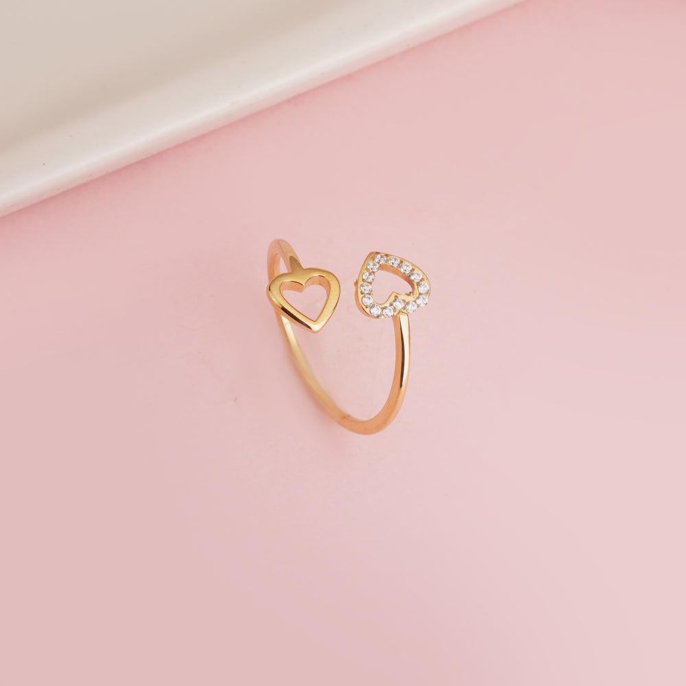 Gold Plated Pave Zircon Double Heart Open Ring, Romantic Adjustable Bypass Ring