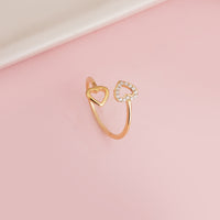 Gold Plated Pave Zircon Double Heart Open Ring, Romantic Adjustable Bypass Ring