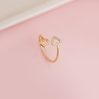 Gold Plated Pave Zircon Double Heart Open Ring, Romantic Adjustable Bypass Ring - Second Image