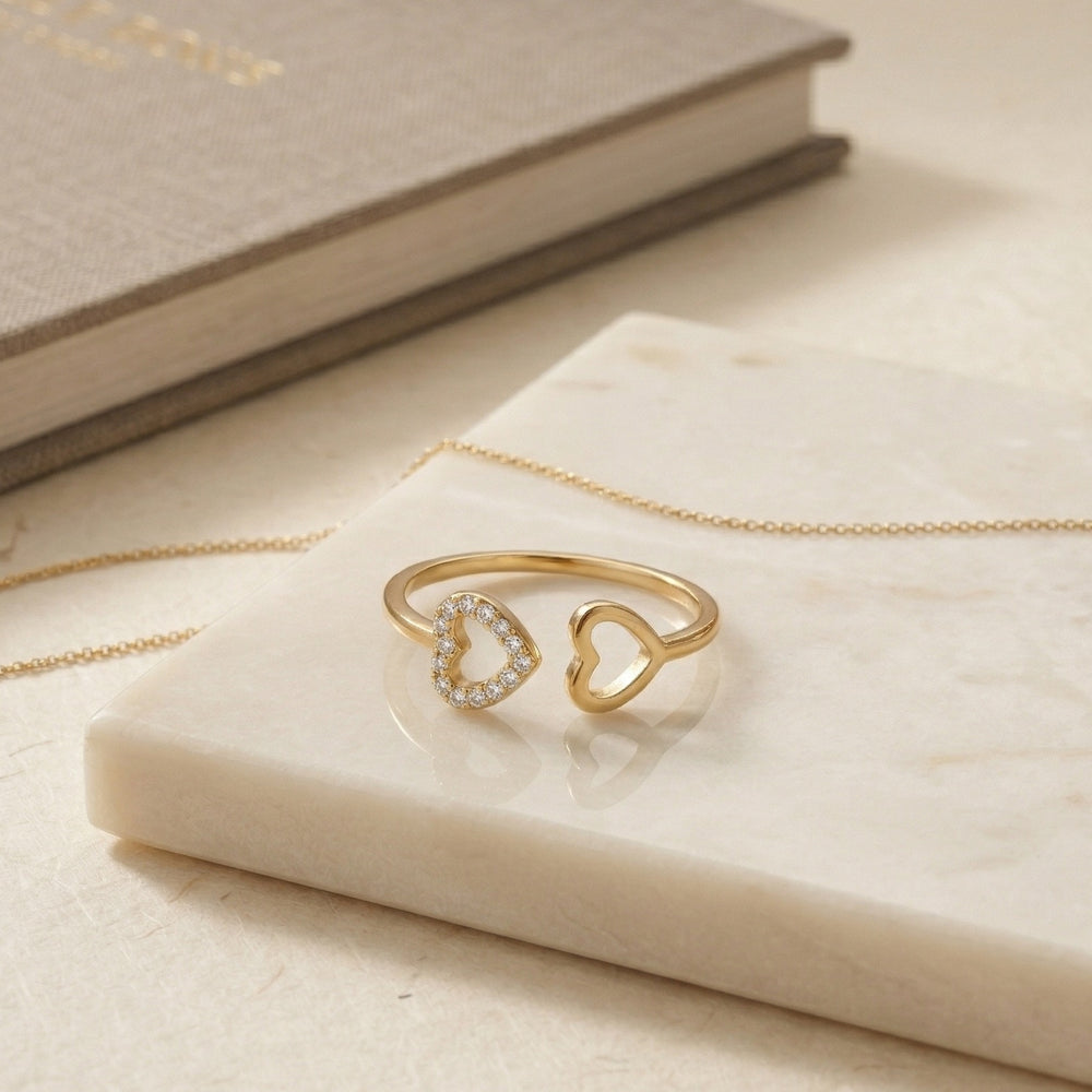 Gold Plated Pave Zircon Double Heart Open Ring, Romantic Adjustable Bypass Ring