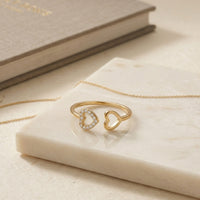 Gold Plated Pave Zircon Double Heart Open Ring, Romantic Adjustable Bypass Ring