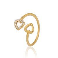 Gold Plated Pave Zircon Double Heart Open Ring, Romantic Adjustable Bypass Ring