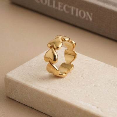 Gold Plated Chunky Multi-Heart Eternity Ring, Polished Bold Heart Cluster Band