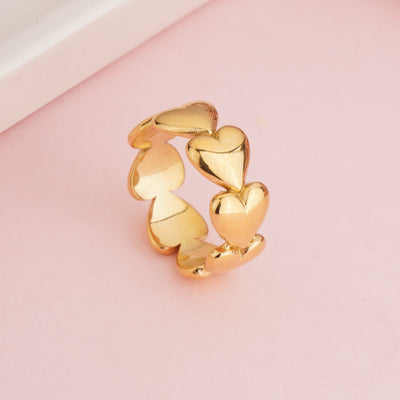 Gold Plated Chunky Multi-Heart Eternity Ring, Polished Bold Heart Cluster Band - Second Image