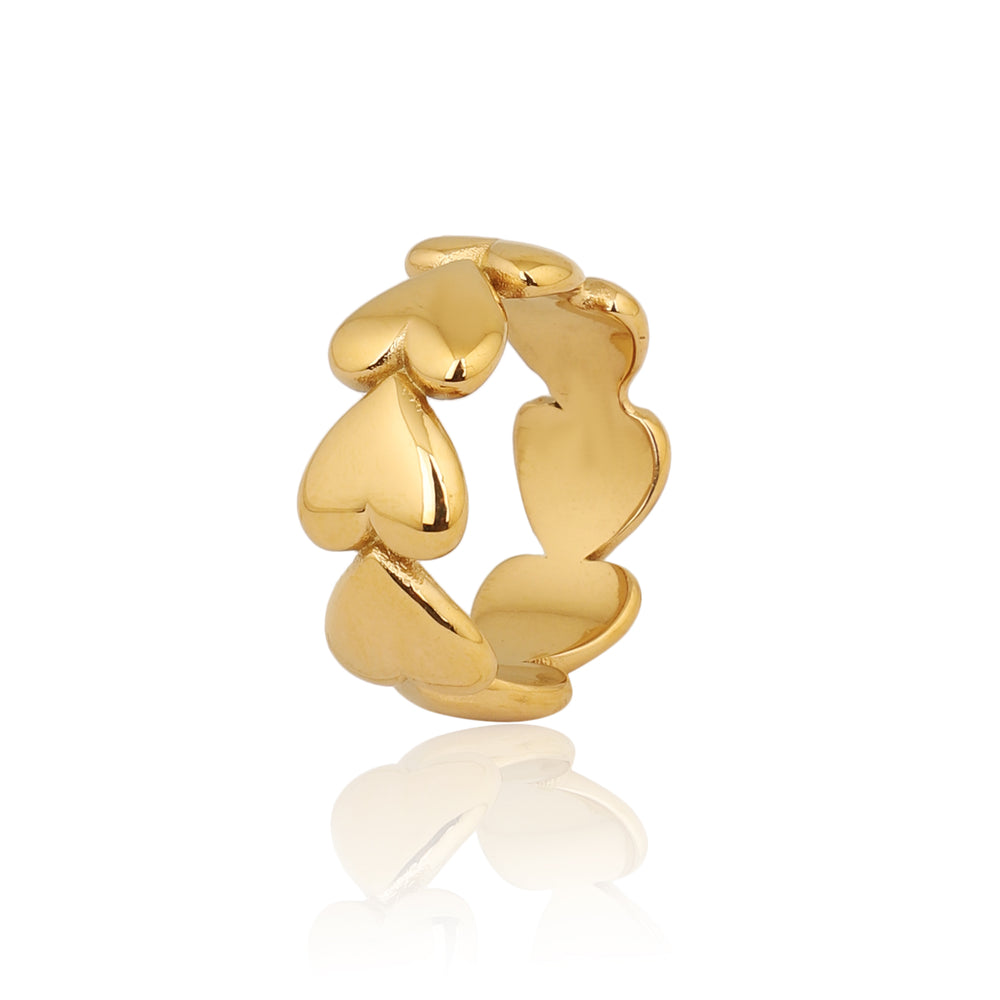 Gold Plated Chunky Multi-Heart Eternity Ring, Polished Bold Heart Cluster Band