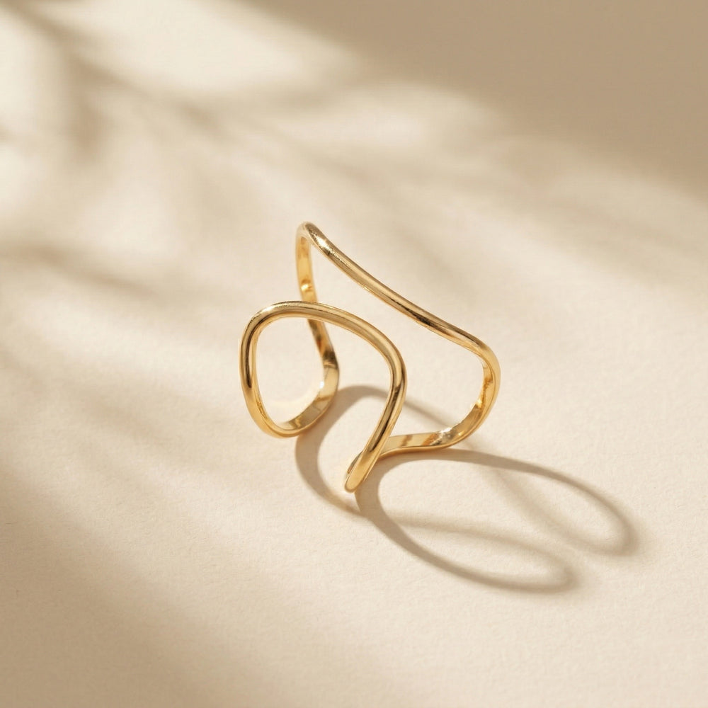 Gold Plated Minimalist Wide Cage Geometric Ring, Hollow Double Layer Band