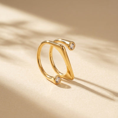 Gold Plated Bezel-Set Zircon Spiral Ring, Modern Geometric Two-Stone Wrap Ring