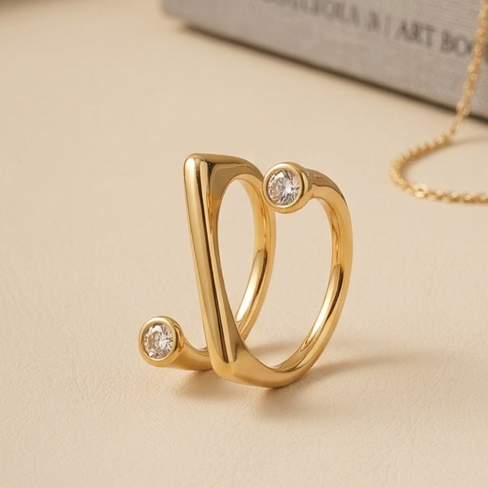 Gold Plated Bezel-Set Zircon Spiral Ring, Modern Geometric Two-Stone Wrap Ring