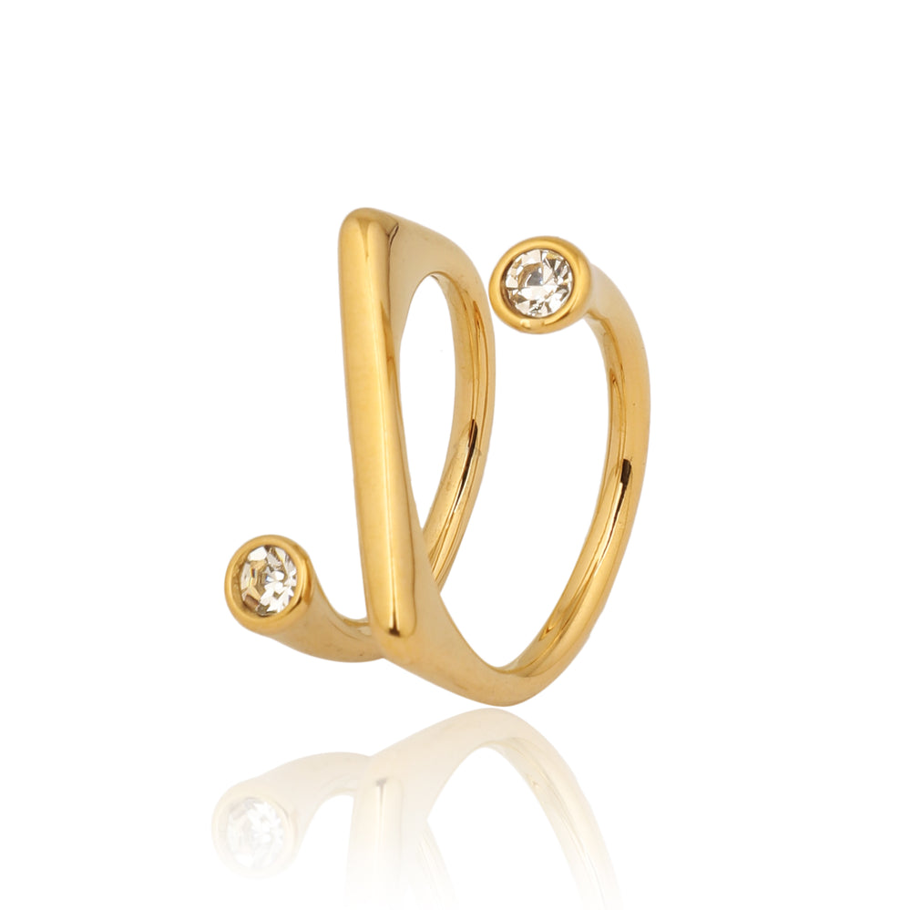Gold Plated Bezel-Set Zircon Spiral Ring, Modern Geometric Two-Stone Wrap Ring