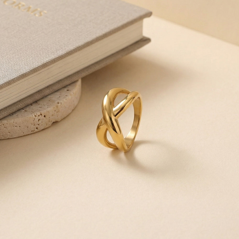 Gold Plated Cross shapped Spiral Ring, Modern Geometric Wrap Design Ring