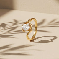 Gold Plated S-Curve Swirl Solitaire Ring, Unique Twisted Wave Zircon Ring