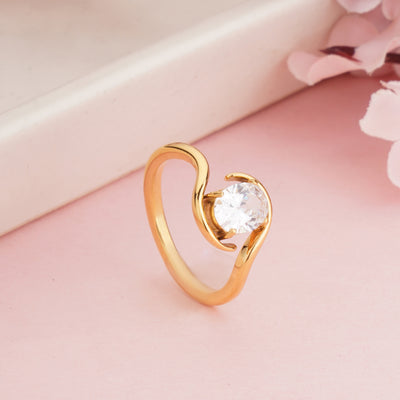 Gold Plated S-Curve Swirl Solitaire Ring, Unique Twisted Wave Zircon Ring - Second Image