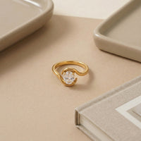 Gold Plated S-Curve Swirl Solitaire Ring, Unique Twisted Wave Zircon Ring