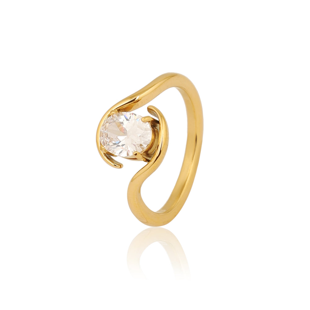 Gold Plated S-Curve Swirl Solitaire Ring, Unique Twisted Wave Zircon Ring