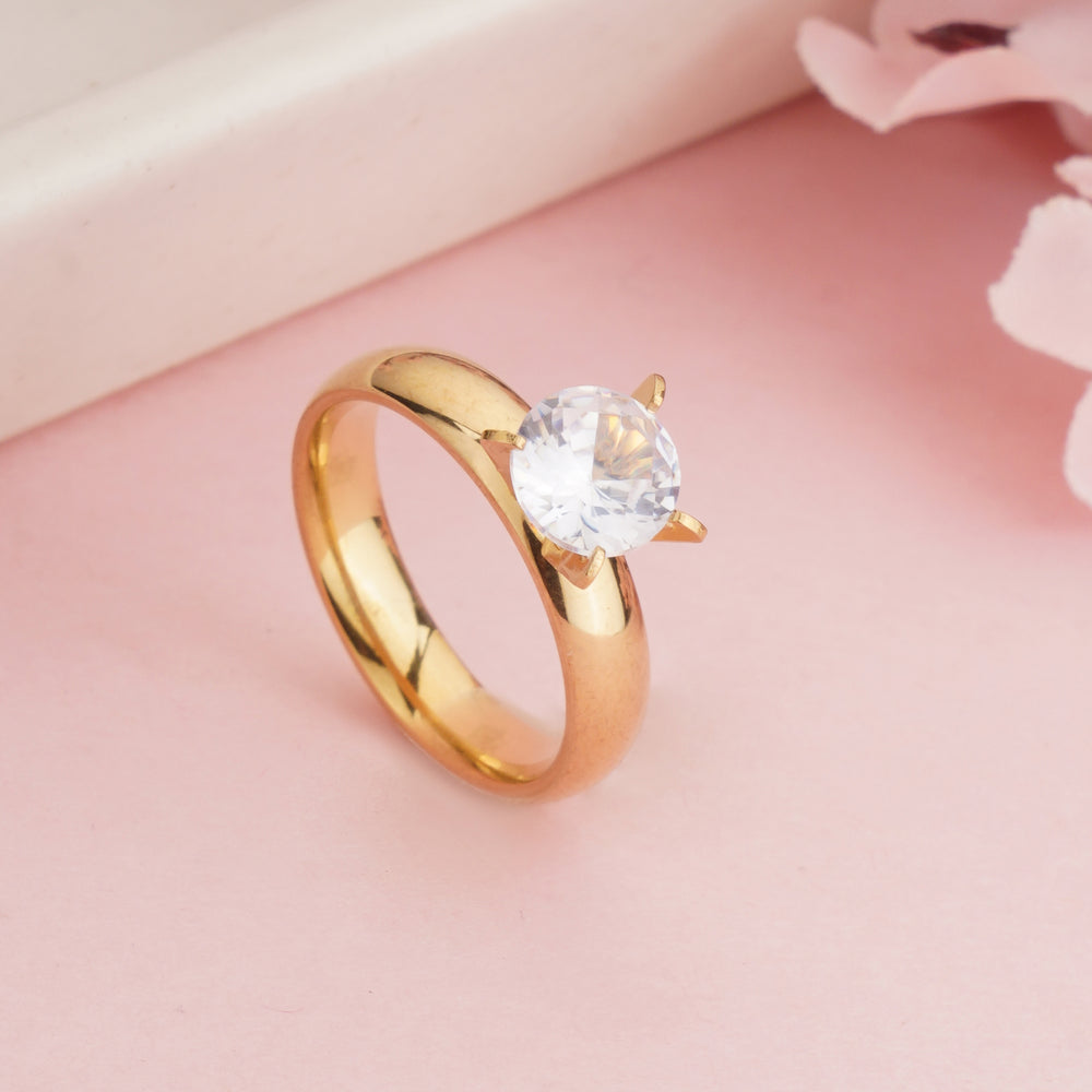 Gold Plated Classic Wide Dome Solitaire Ring, Bold 4-Prong Zircon Engagement Ring