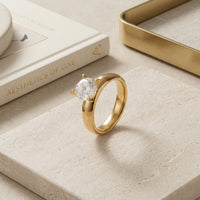Gold Plated Classic Wide Dome Solitaire Ring, Bold 4-Prong Zircon Engagement Ring