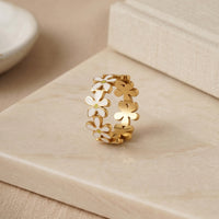 Gold Plated White Enamel Daisy Flower Ring, Floral Eternity Band Ring for Women