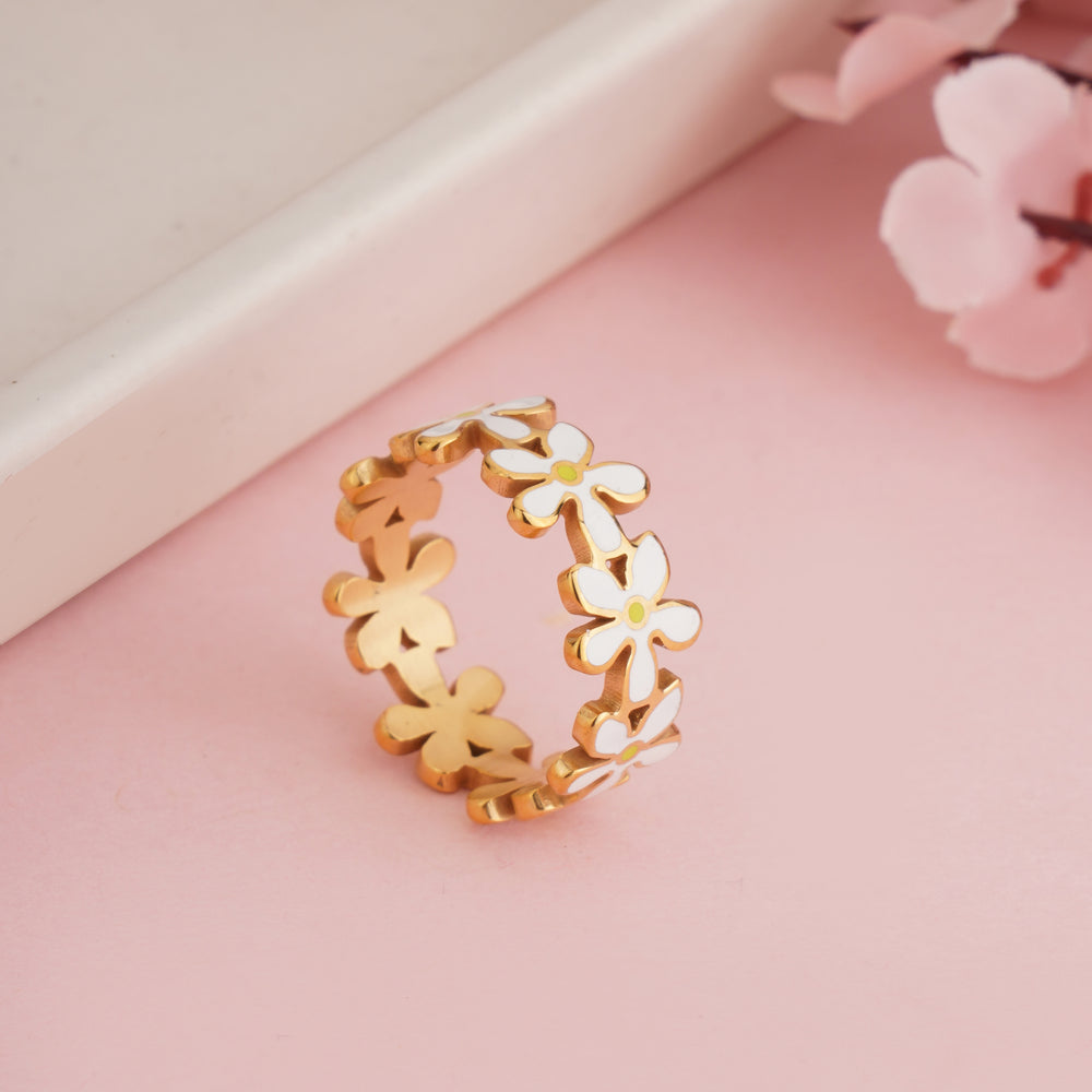 Gold Plated White Enamel Daisy Flower Ring, Floral Eternity Band Ring for Women