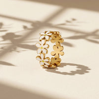 Gold Plated White Enamel Daisy Flower Ring, Floral Eternity Band Ring for Women