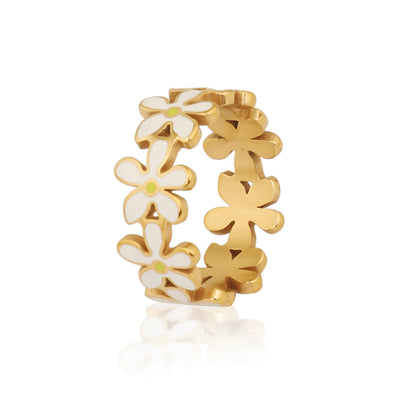 Gold Plated White Enamel Daisy Flower Ring, Floral Eternity Band Ring for Women - Second Image