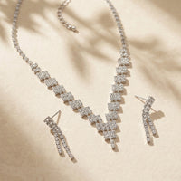 Elegant V-Shaped Silver-Plated Crystal Choker Necklace Set with Dangle Drop Earrings for Wedding & Bridal Jewelry