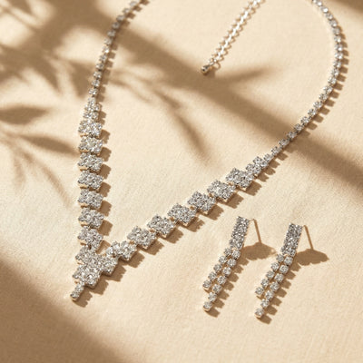 Elegant V-Shaped Silver-Plated Crystal Choker Necklace Set with Dangle Drop Earrings for Wedding & Bridal Jewelry - Second Image