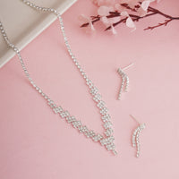 Elegant V-Shaped Silver-Plated Crystal Choker Necklace Set with Dangle Drop Earrings for Wedding & Bridal Jewelry