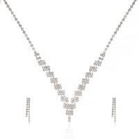 Elegant V-Shaped Silver-Plated Crystal Choker Necklace Set with Dangle Drop Earrings for Wedding & Bridal Jewelry