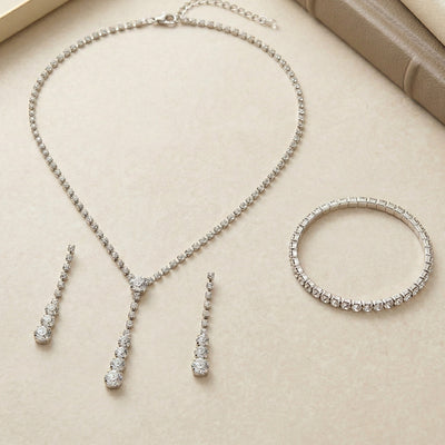 4-Piece Silver-Plated Crystal Jewelry Set | Y-Drop Lariat Necklace, Dangle Earrings, and Matching Bracelet