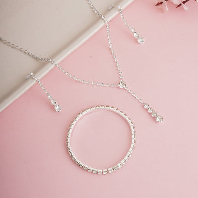 4-Piece Silver-Plated Crystal Jewelry Set | Y-Drop Lariat Necklace, Dangle Earrings, and Matching Bracelet - Second Image