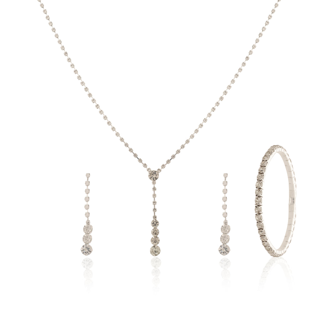 4-Piece Silver-Plated Crystal Jewelry Set | Y-Drop Lariat Necklace, Dangle Earrings, and Matching Bracelet