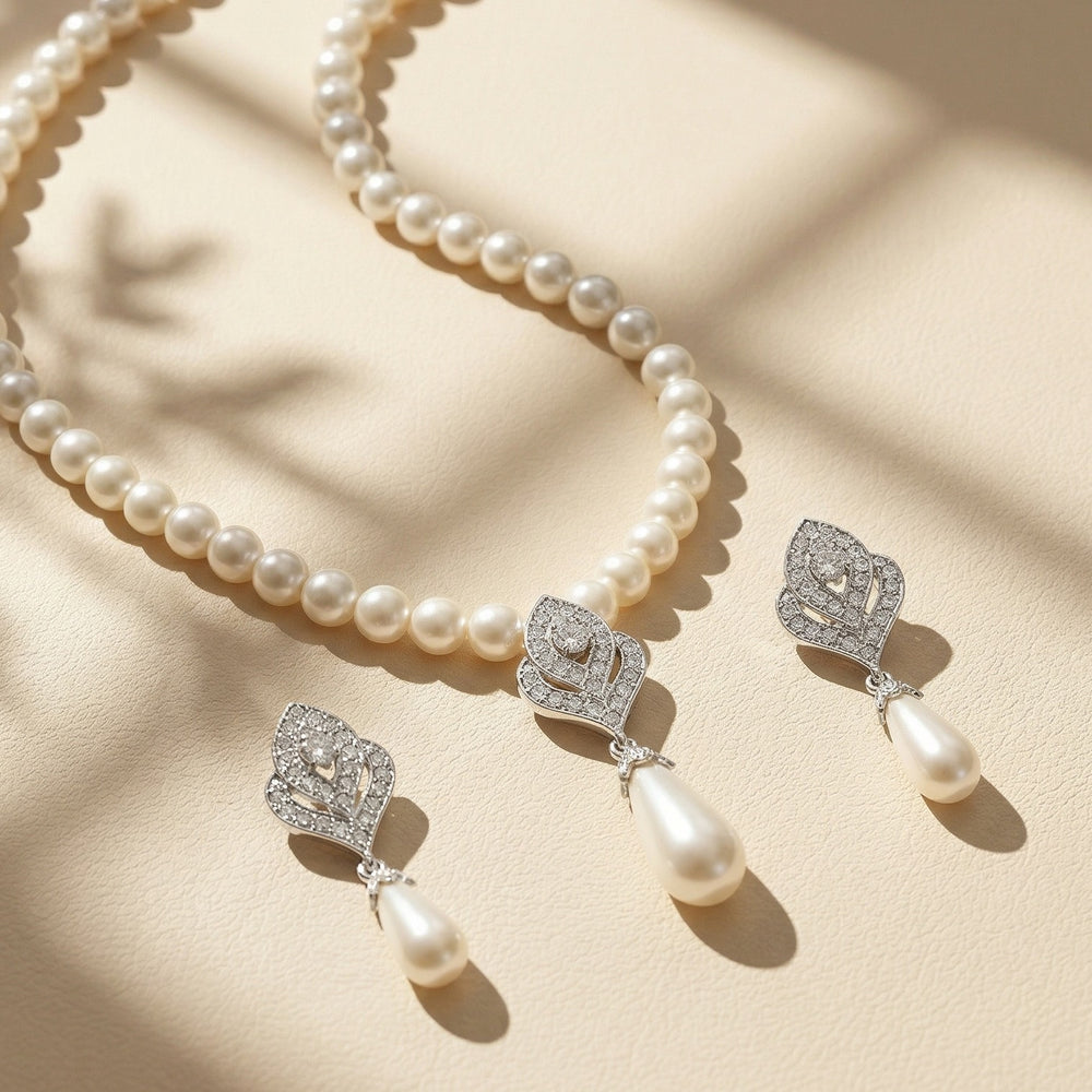 Classic White Pearl Necklace Set with Silver-Plated Art Deco Pendant and Matching Teardrop Earrings