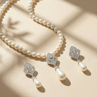 Classic White Pearl Necklace Set with Silver-Plated Art Deco Pendant and Matching Teardrop Earrings