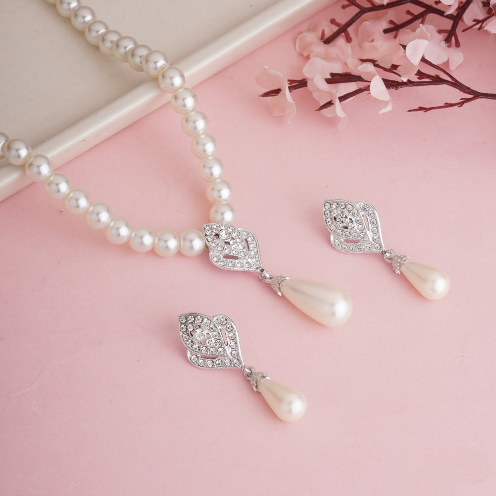 Classic White Pearl Necklace Set with Silver-Plated Art Deco Pendant and Matching Teardrop Earrings