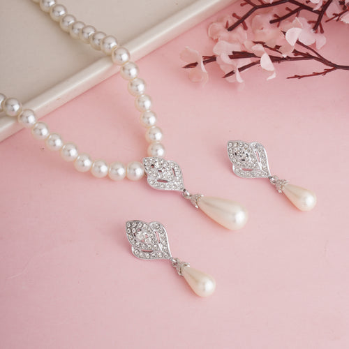 Classic White Pearl Necklace Set with Silver-Plated Art Deco Pendant and Matching Teardrop Earrings