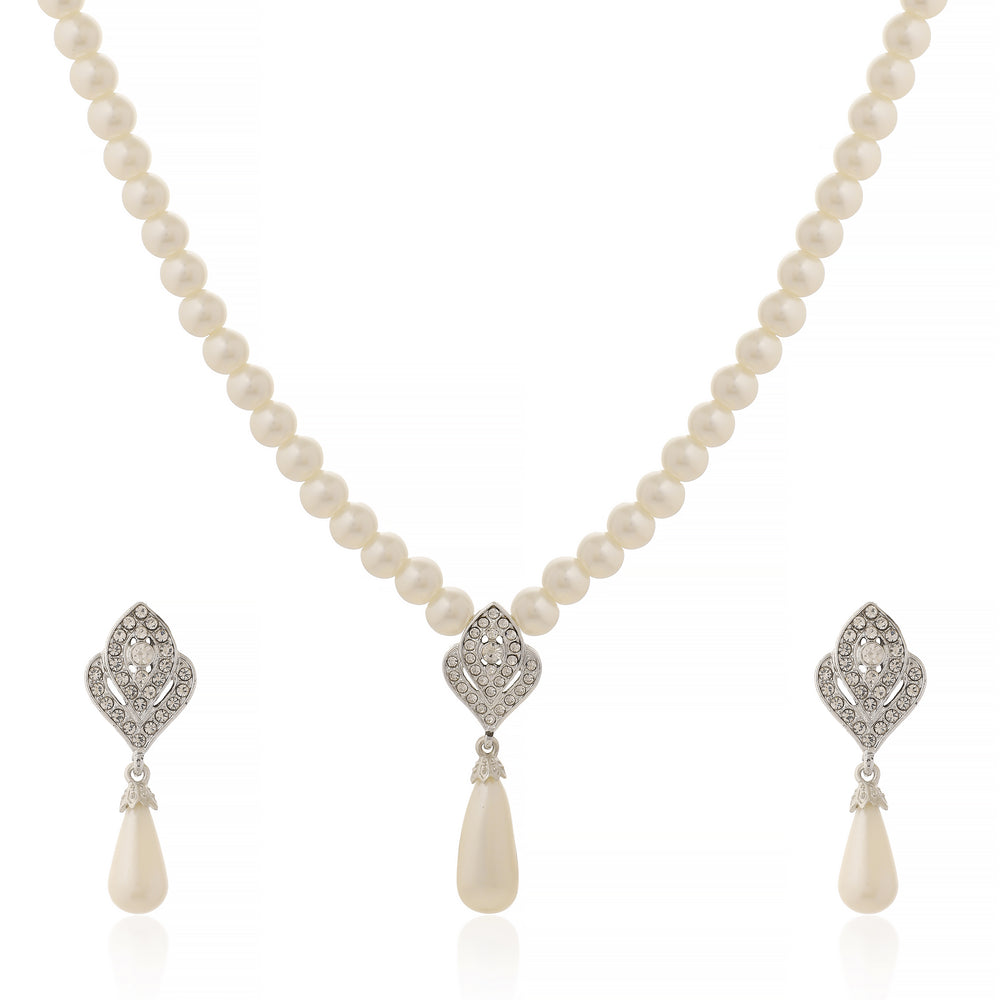 Classic White Pearl Necklace Set with Silver-Plated Art Deco Pendant and Matching Teardrop Earrings