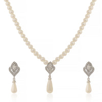 Classic White Pearl Necklace Set with Silver-Plated Art Deco Pendant and Matching Teardrop Earrings