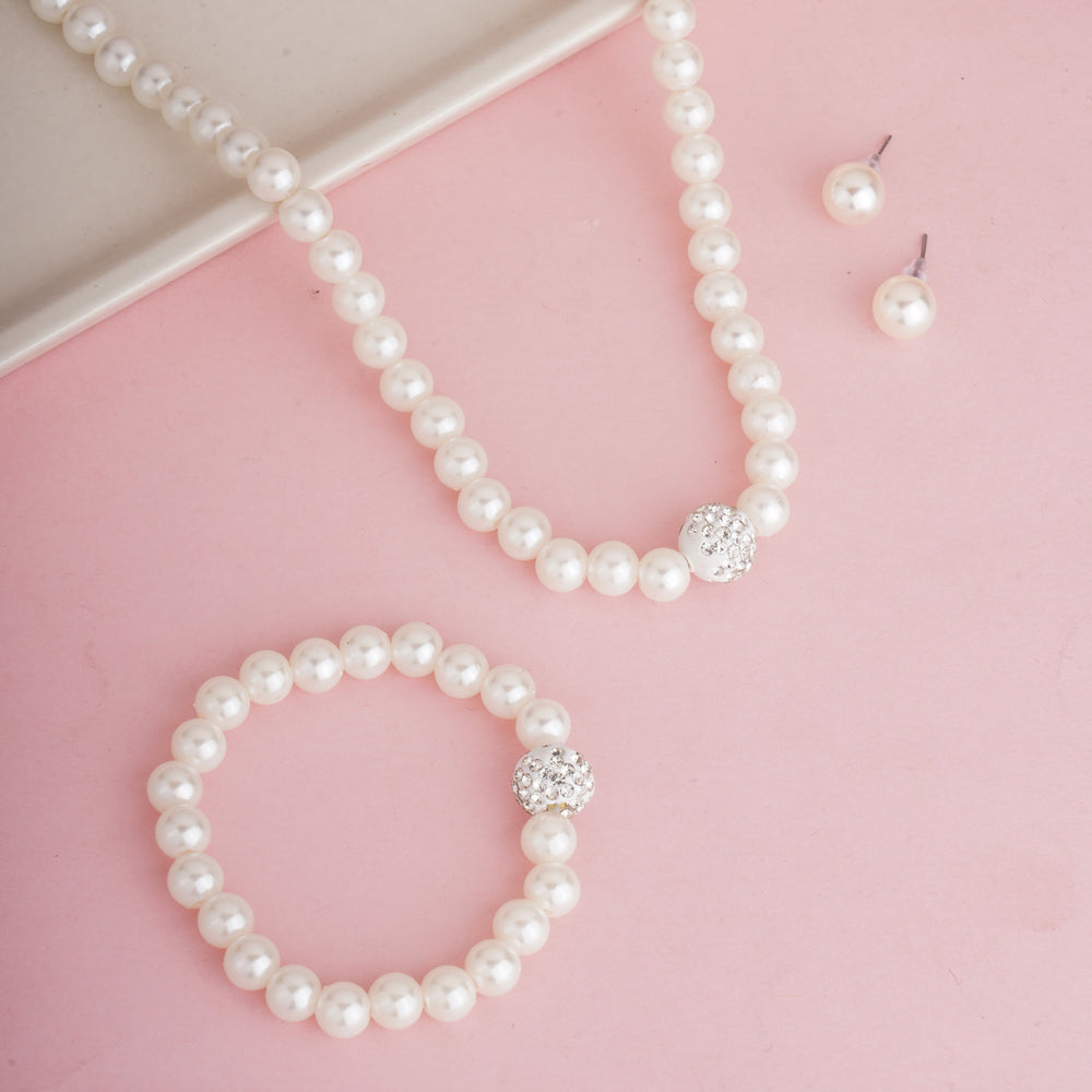4-Piece Sophisticated Pearl & Crystal Shamballa Ball Jewelry Set