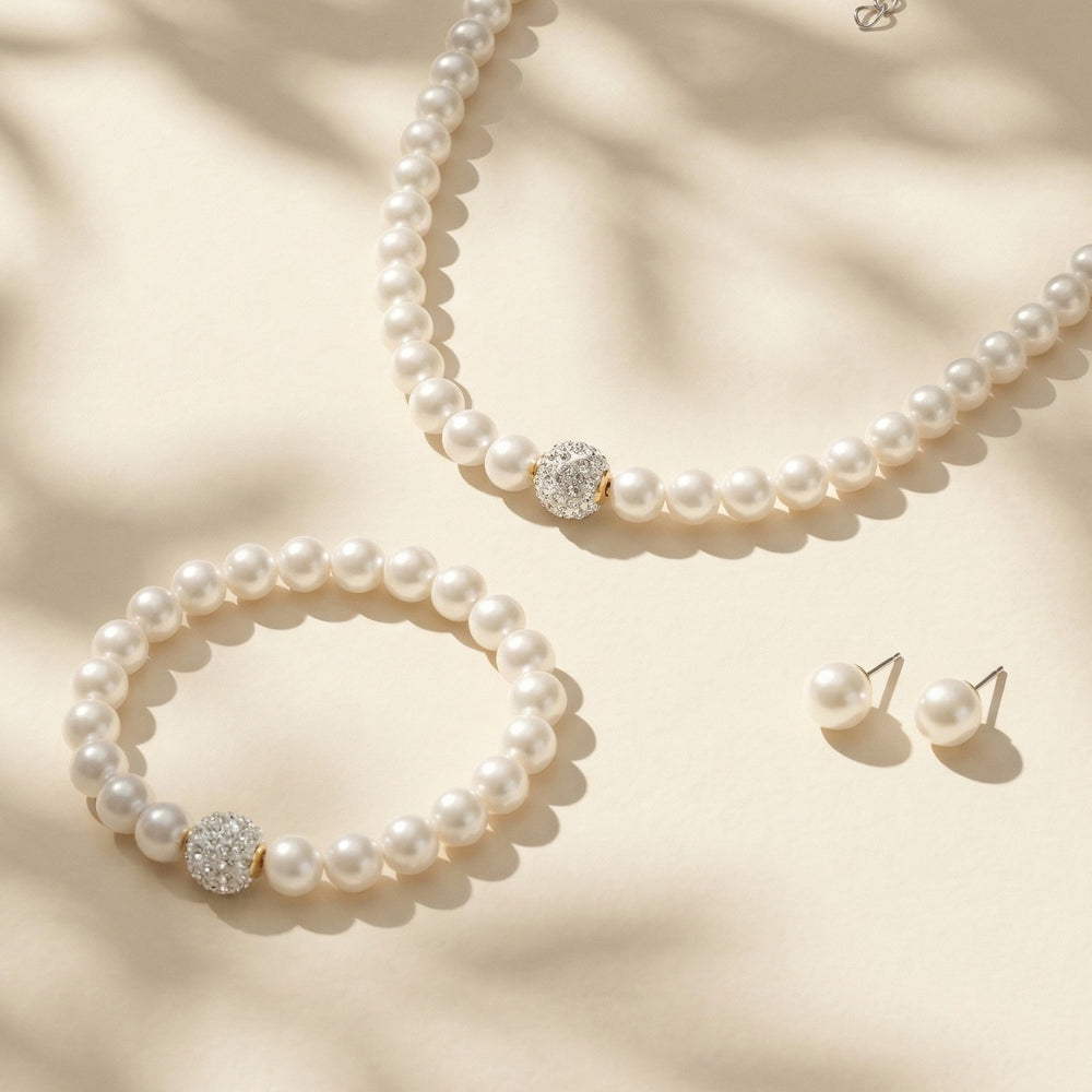 4-Piece Sophisticated Pearl & Crystal Shamballa Ball Jewelry Set