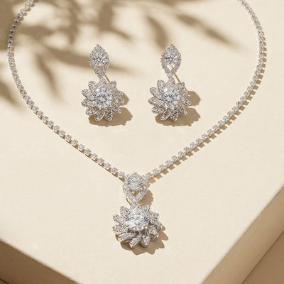 Elegant Silver-Plated Floral Crystal Pendant Necklace with Matching Drop Earrings