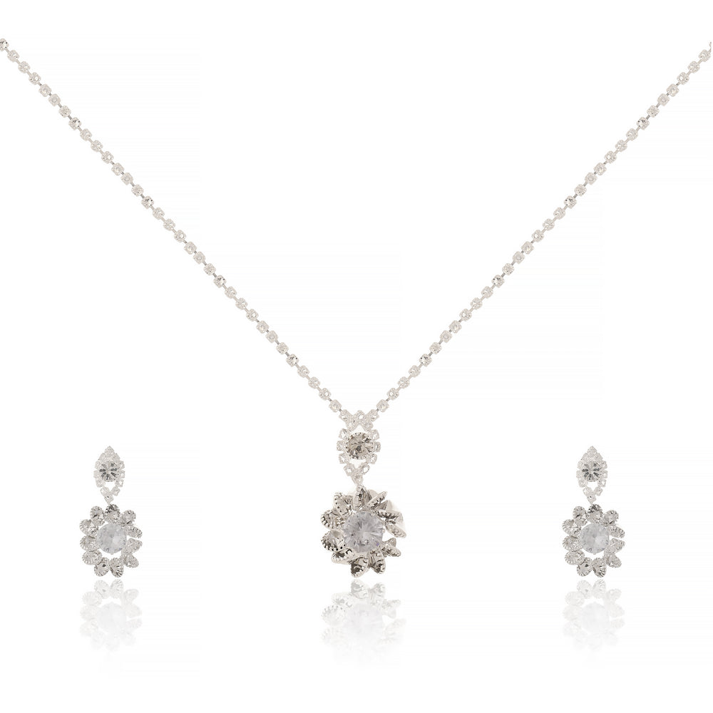 Elegant Silver-Plated Floral Crystal Pendant Necklace with Matching Drop Earrings